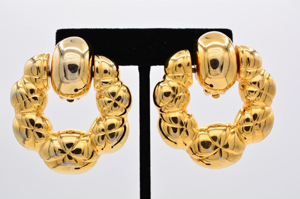 Vintage Clip Earrings Door Knockers Heavy Gold Tone Dangle Chunky 1980s BinAA